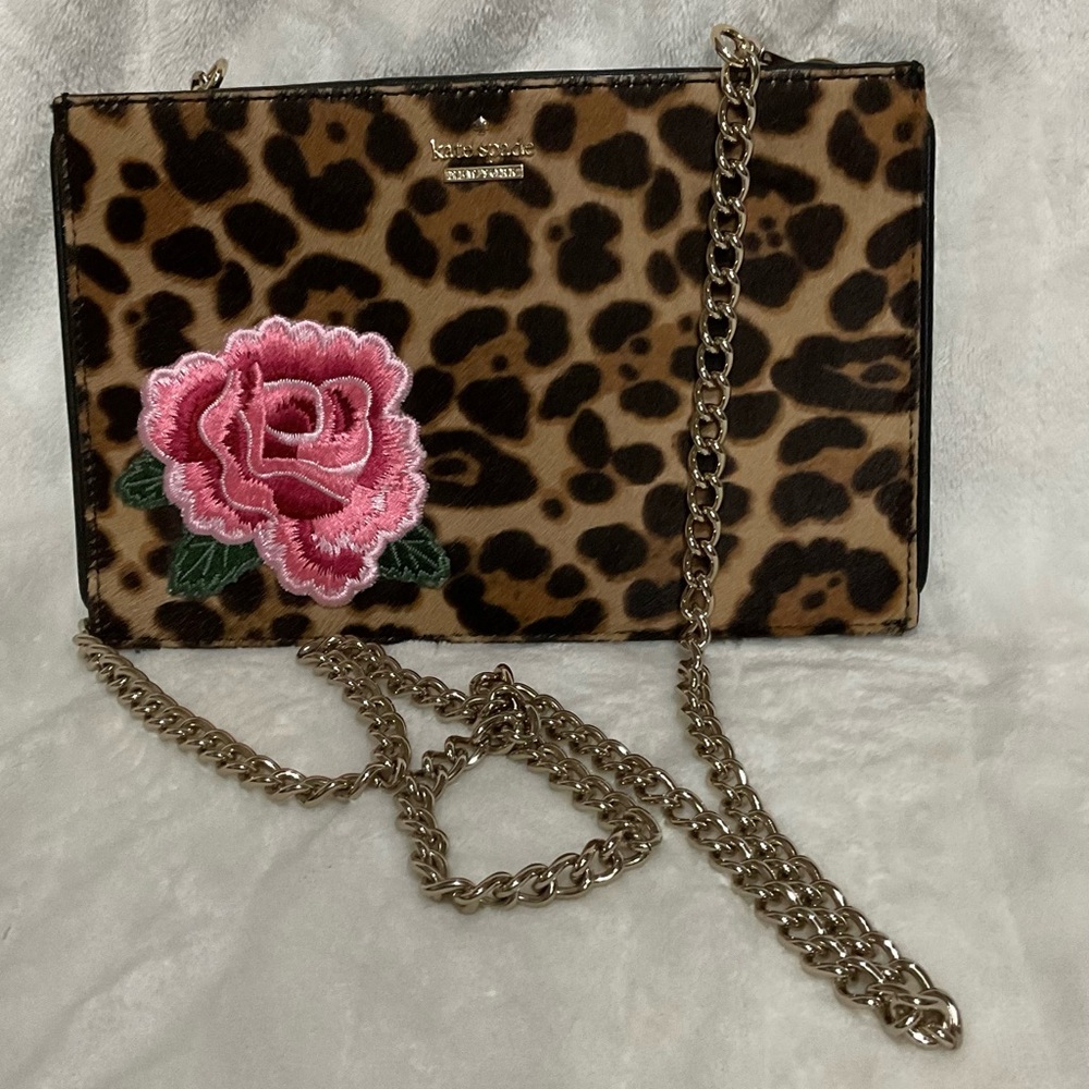 Kate Spade Leopard Print Crossbody with Pink Rose Applique and Gold Chain